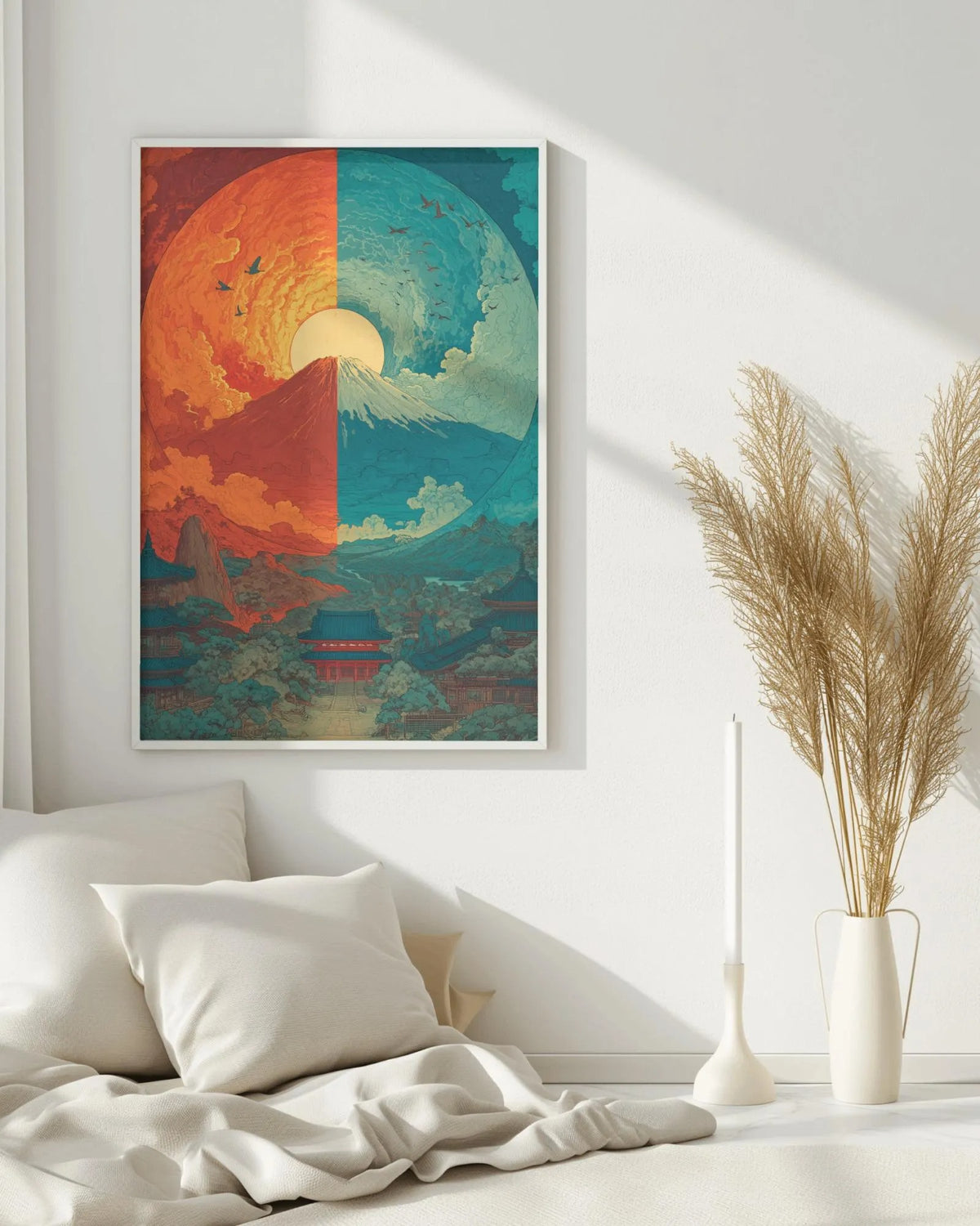 Mount Fuji Yin Yang Wall Art Print - Sun and Moon Rising Japanese Landscape