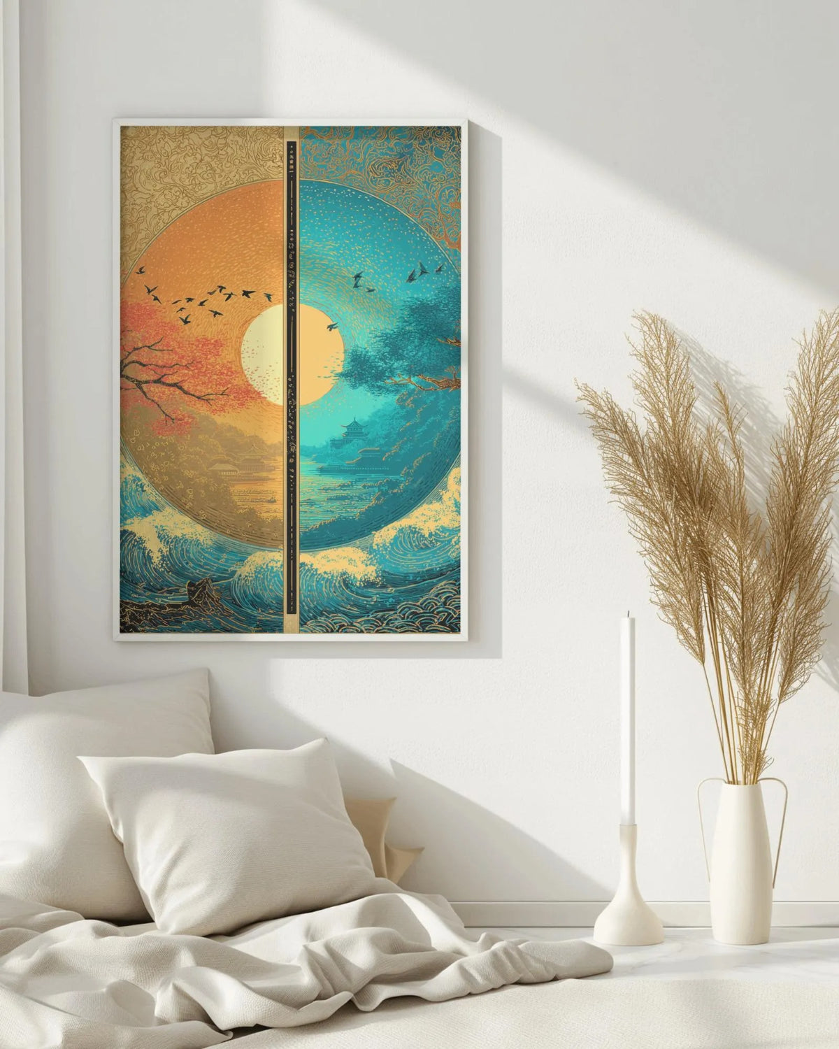 Sun and Moon Wall Art Print - Night and Day Yin Yang Landscape Poster