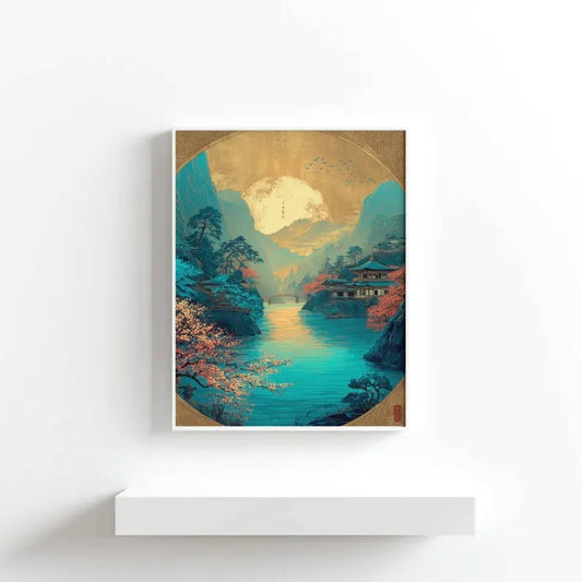 Moonlit Lake Village Wall Art Print - Cyan Blue Cherry Blossom Mountain Landscape