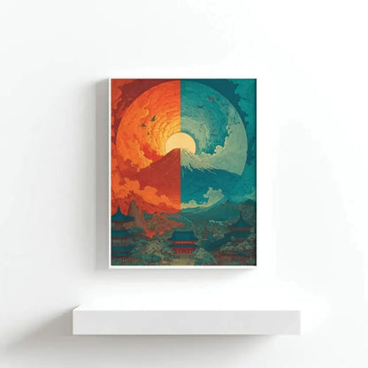 Mount Fuji Yin Yang Wall Art Print - Sun and Moon Rising Japanese Landscape