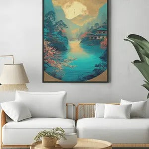 Moonlit Lake Village Wall Art Print - Cyan Blue Cherry Blossom Mountain Landscape