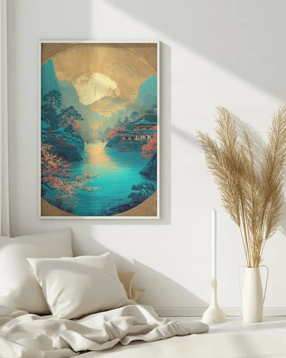 Moonlit Lake Village Wall Art Print - Cyan Blue Cherry Blossom Mountain Landscape