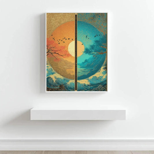 Sun and Moon Wall Art Print - Night and Day Yin Yang Landscape Poster